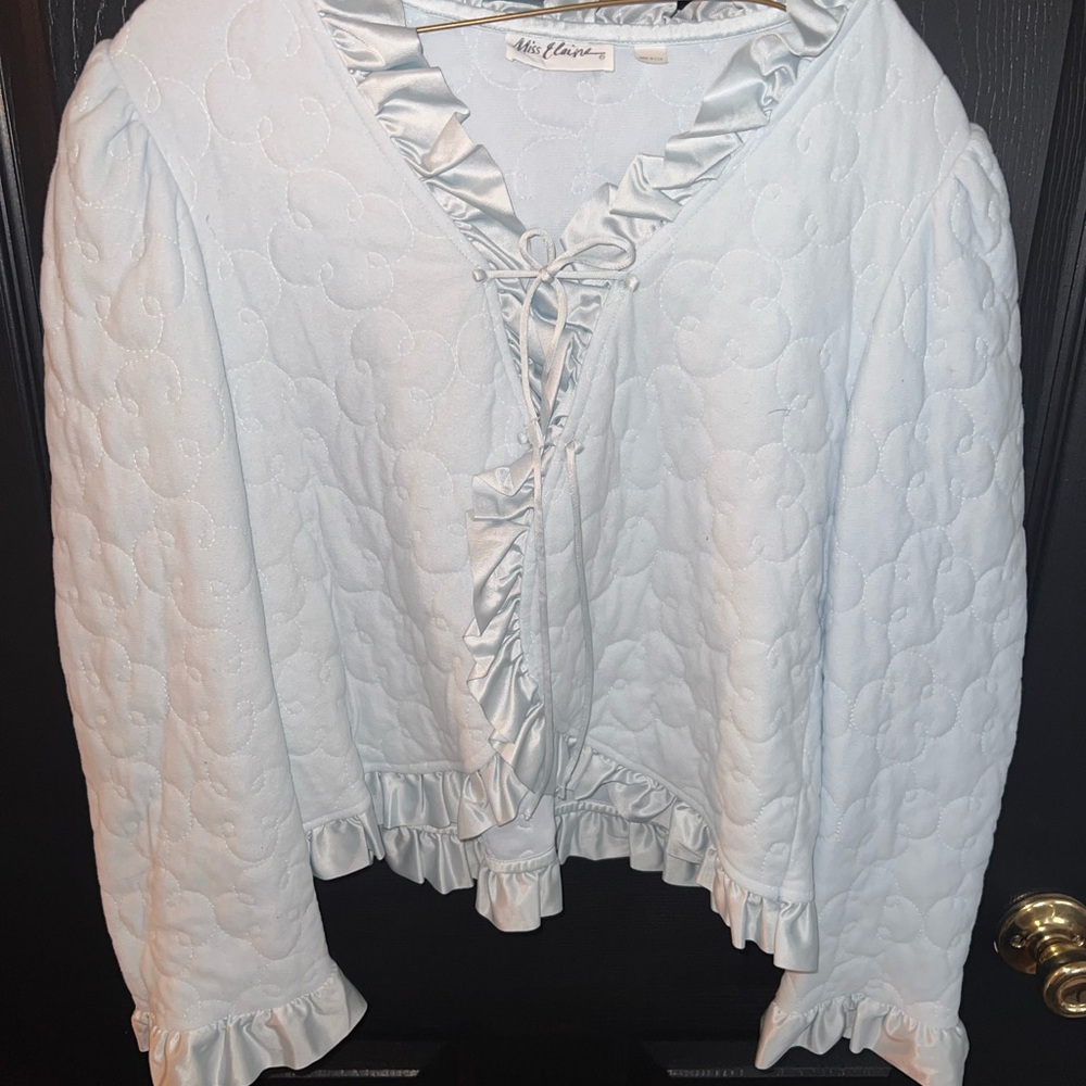 Miss Elaine Light Blue Quilted Ruffle Tie-Front Top